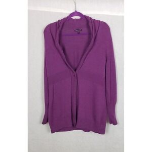 EILEEN FISHER Purple 100% Merino Wool Button‎ Front Cowl Neck Cardigan Sweater L